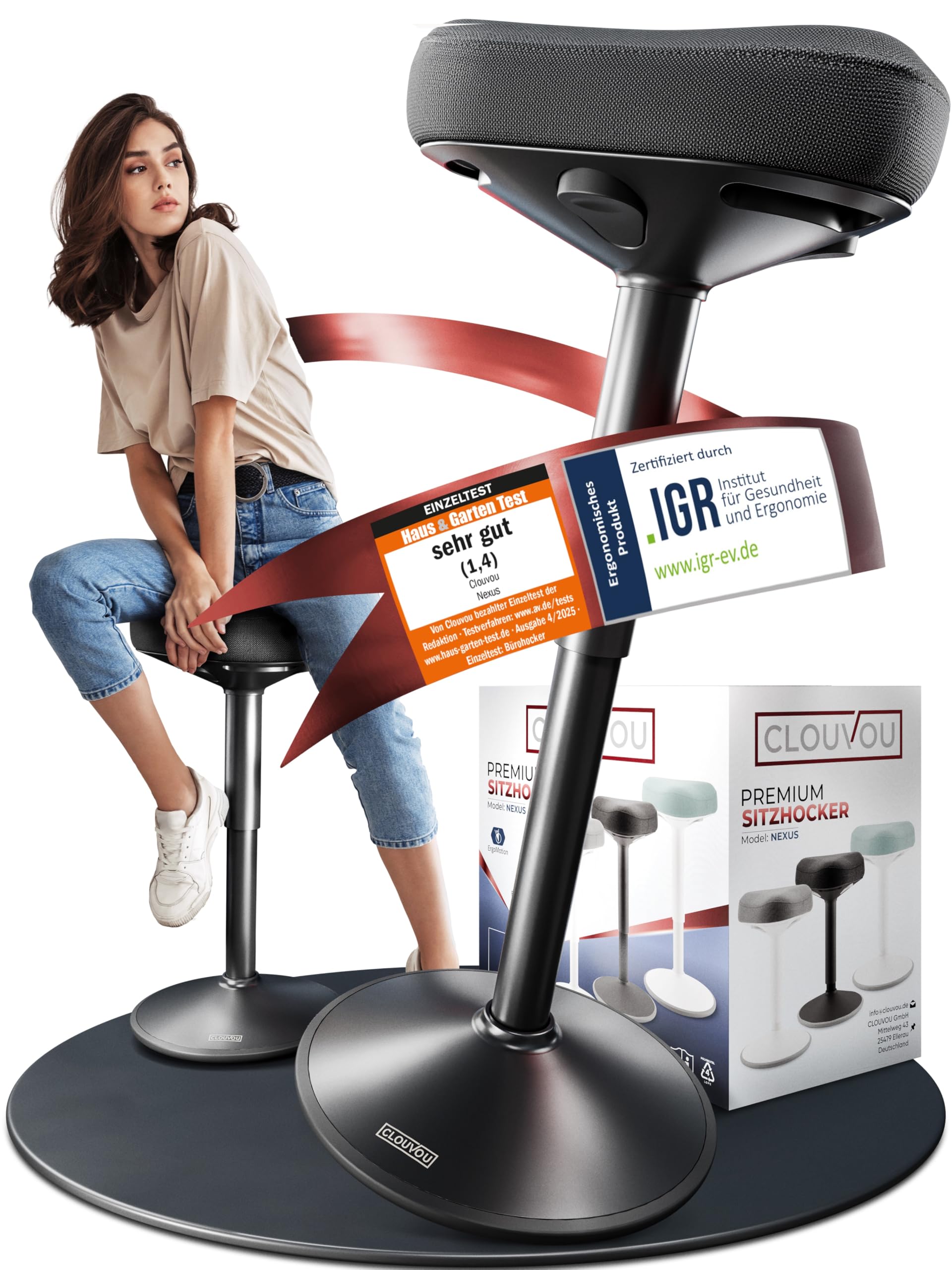 CLOUVOU Nexus Büro Stehhilfe ergonomisch – höhenverstellbar. Ergonomische, höhenverstellbare Stehhilfe zur dynamischen Haltungsförderung im Büro.