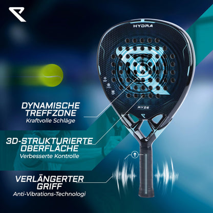 RYZE Hydra Padelschläger, 100 % Carbon, 365 g, mit Schutzhülle