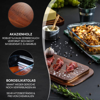Wemoo Aufschnittboxen 2er Set aus Glas und Akazienholz, stapelbar