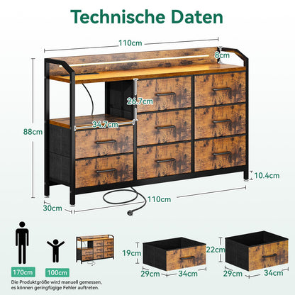 ODK Kommode mit LED, 8 Stoffschubladen, USB & Steckdosen, Vintage