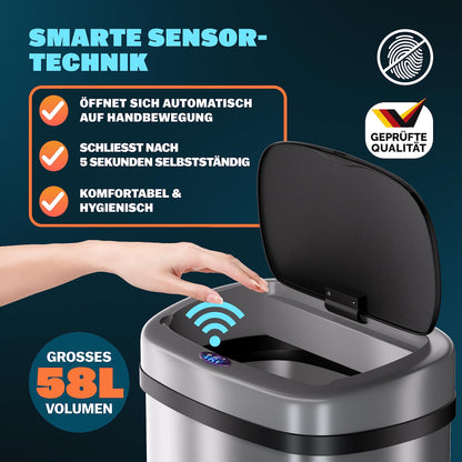 Monzana Sensor Mülleimer Küche 58 L Automatik - Silber
