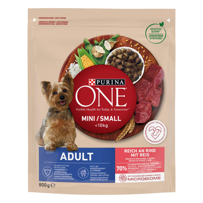 PURINA ONE Mini Small Adult Trockenfutter mit Rind & Reis, 8 x 800 g für kleine Hunderassen
