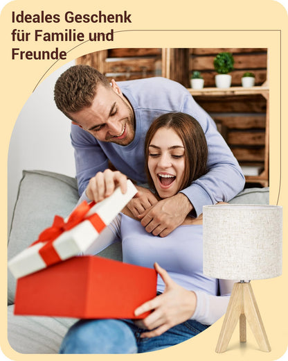 EDISHINE LED Nachttischlampe Holz 2er Set mit beigem Leinenschirm