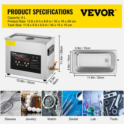 VEVOR Ultraschallreiniger 6L mit Heizung und Timer, Edelstahl
