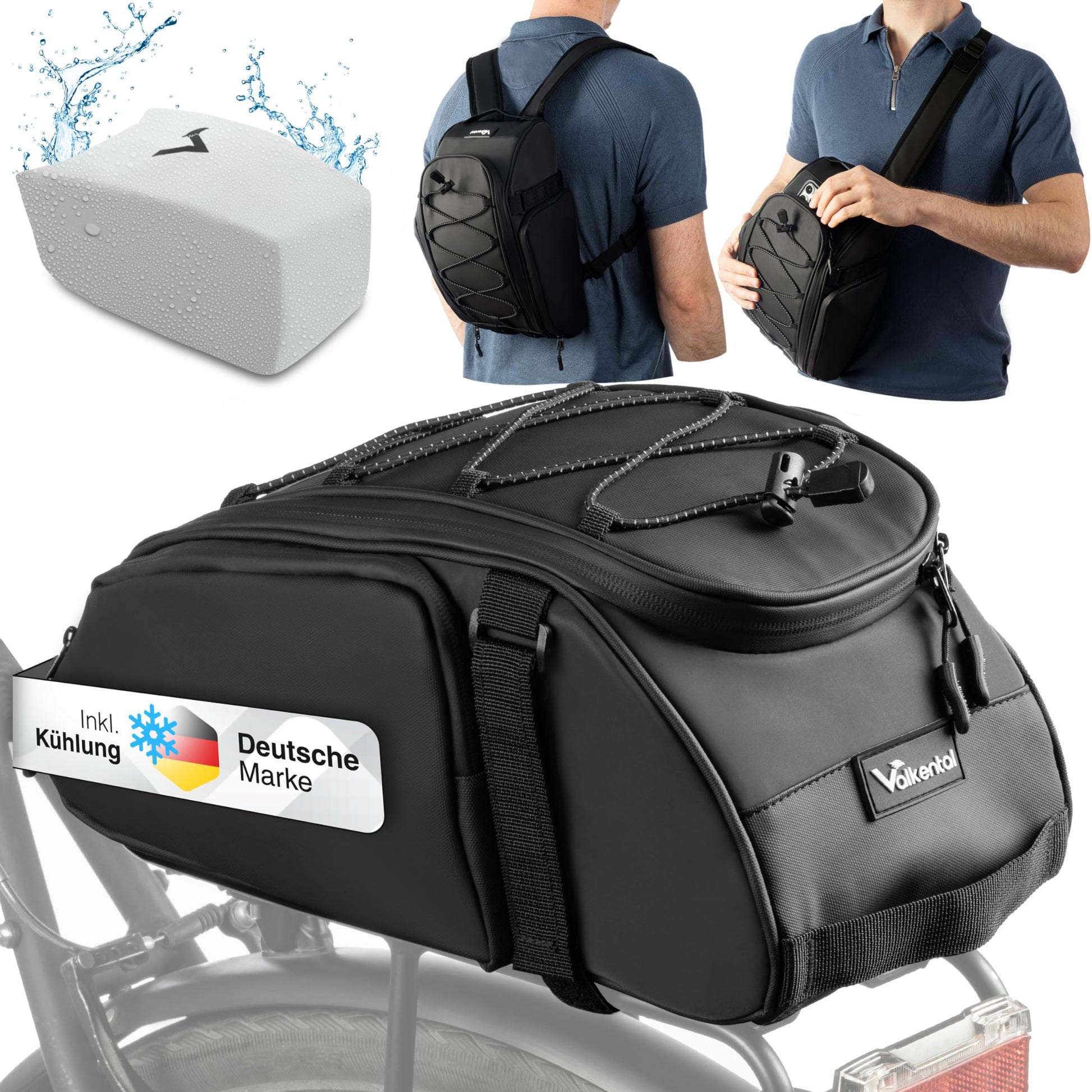 Valkental 3in1 Fahrradtasche für Gepäckträger mit Kühlfunktion, 10 L – mit Schultergurten und Reflektoren