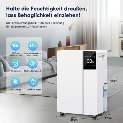Fwoueot Luftentfeuchter elektrisch mit Kompressor, 16 l/24 h bis 45 m²