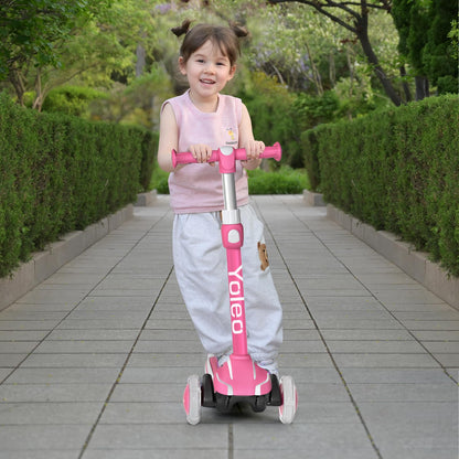 Yoleo Kinderscooter Dreiradroller mit leuchtenden Rädern, rosa-weiss
