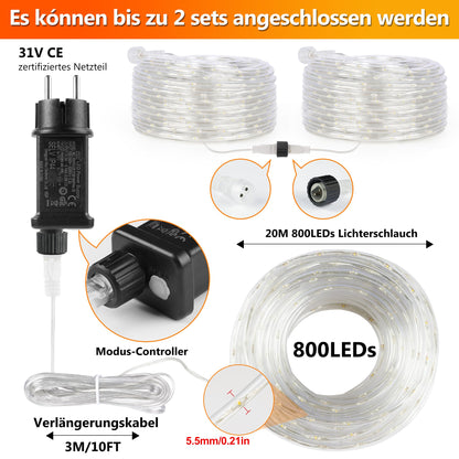StarryEver LED Lichterschlauch 20 m, 800 LEDs, warmweiss, IP68