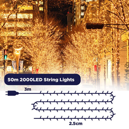 ELKTRY Cluster Lichterkette 2000 LED Aussen IP44 50m Warmweiss