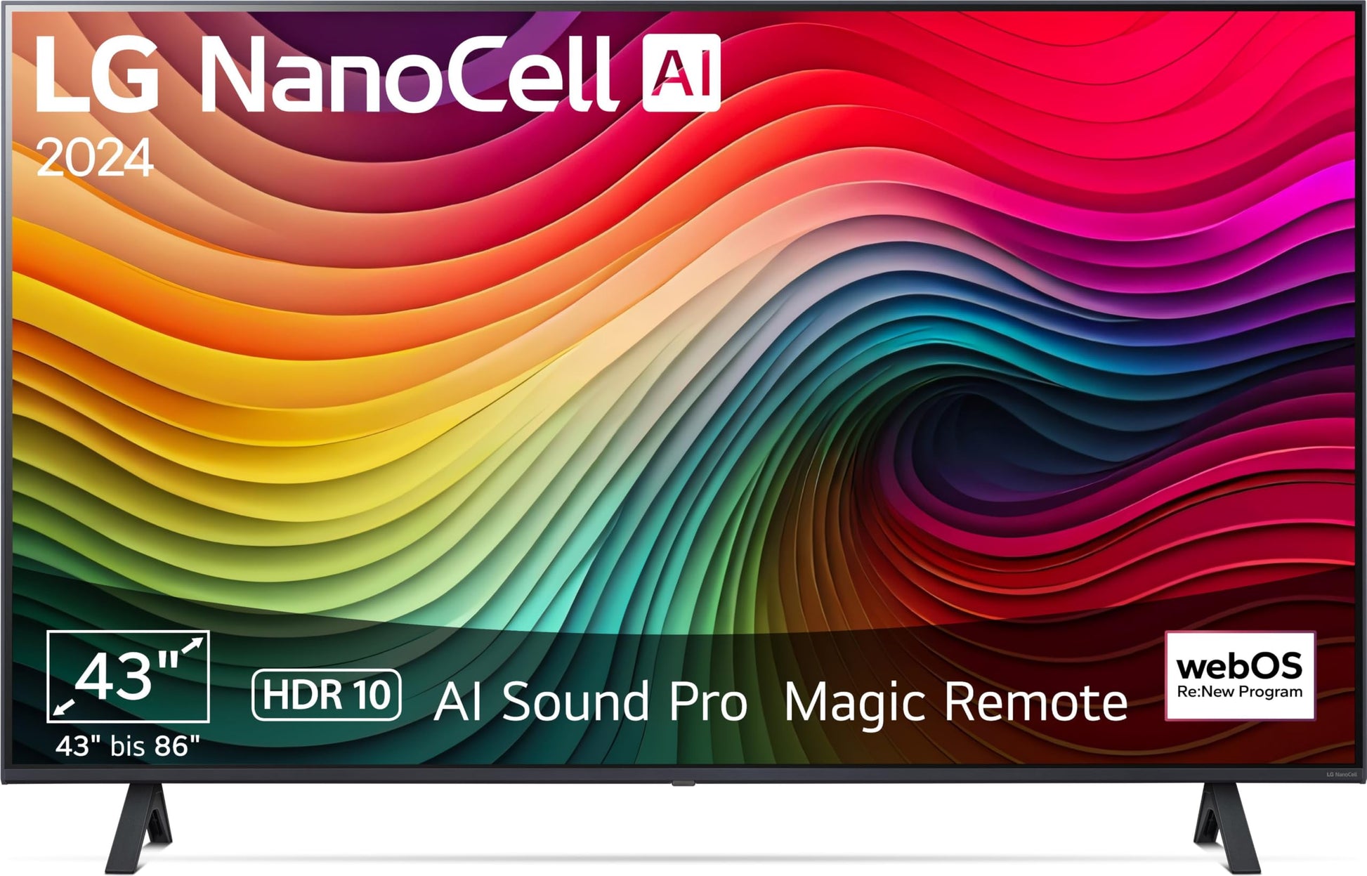 LG 43NANO81T6A NanoCell 4K AI Fernseher 43 Zoll (2024). Schwarzer, flacher Bildschirm mit schlankem Rahmen zur AI-optimierten 4K-Wiedergabe.