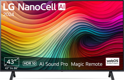 LG 43NANO81T6A NanoCell 4K AI Fernseher 43 Zoll (2024). Schwarzer, flacher Bildschirm mit schlankem Rahmen zur AI-optimierten 4K-Wiedergabe.