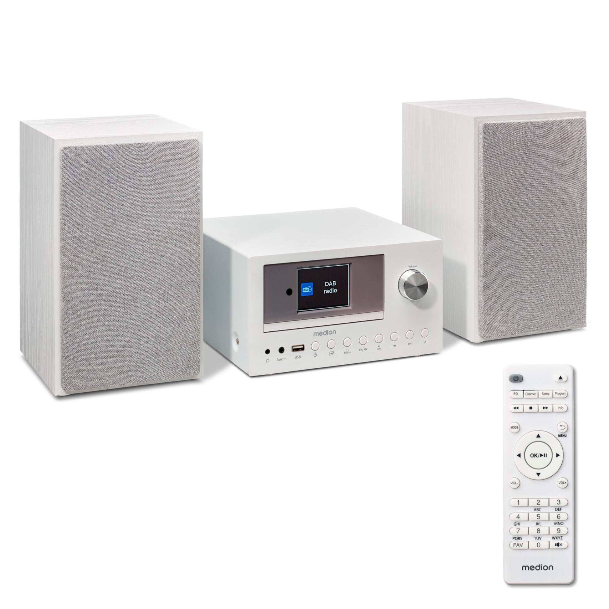 MEDION P85003 Micro Audio System Internetradio DAB+ - Weiss. Rechteckiges weißes Gerät spielt Internetradio, DAB+, FM und streamt Musik.