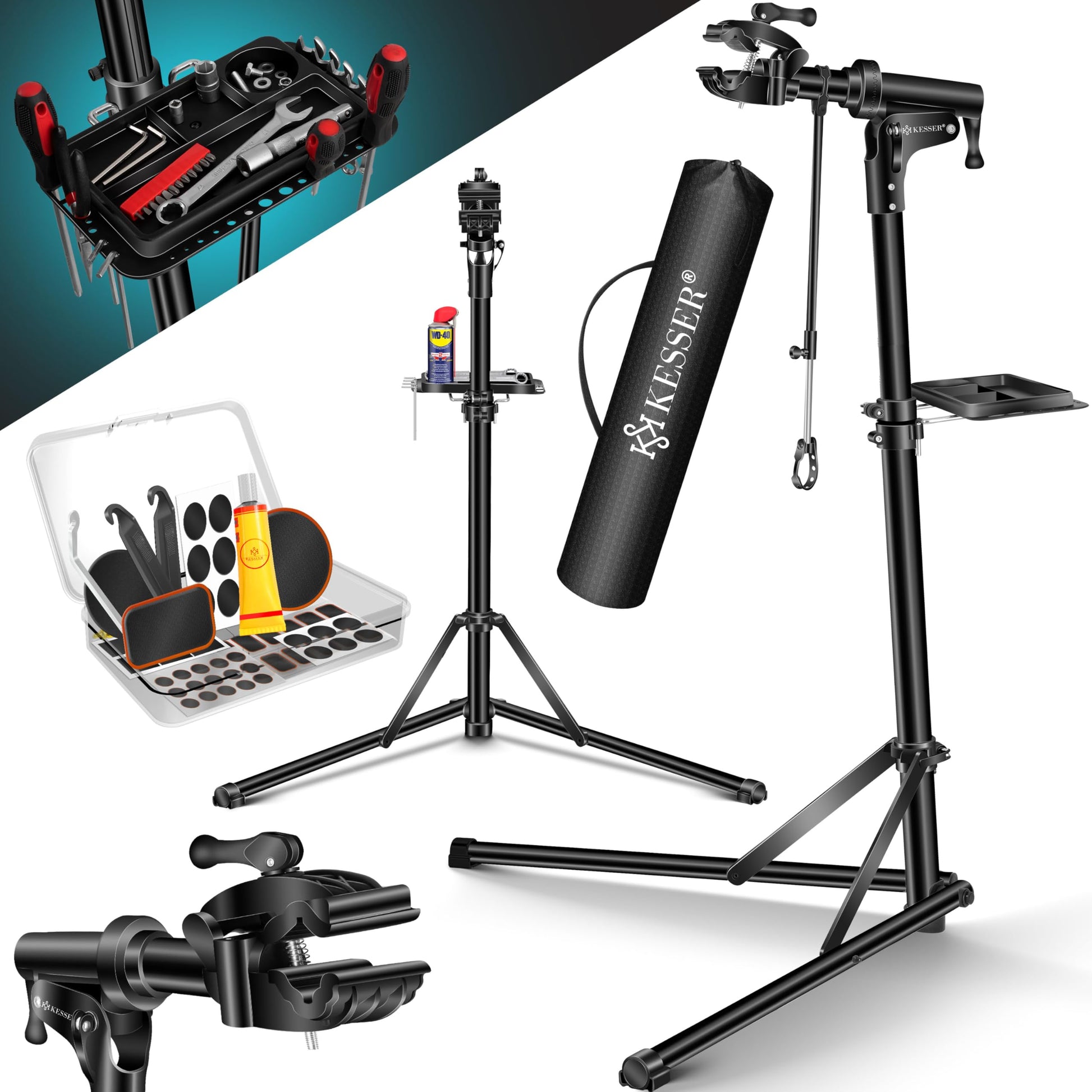 KESSER® Profi Fahrradmontageständer Alu E-Bike - Schwarz. Schwarzer, robuster Aluminium-Montageständer mit Klemmvorrichtung zur Fahrradwartung.