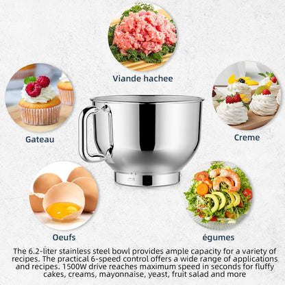 CHeflee Küchenmaschine Teigmaschine 2000W Knetmaschine,Mit 6.2L EdelstahlschüSsel,6 Geschwindigkeit Reduzierte GeräUsche,Mit RüHrbesen,RüHrhaken,SpritzwassergeschüTzter Knetmaschine Mit Knethaken