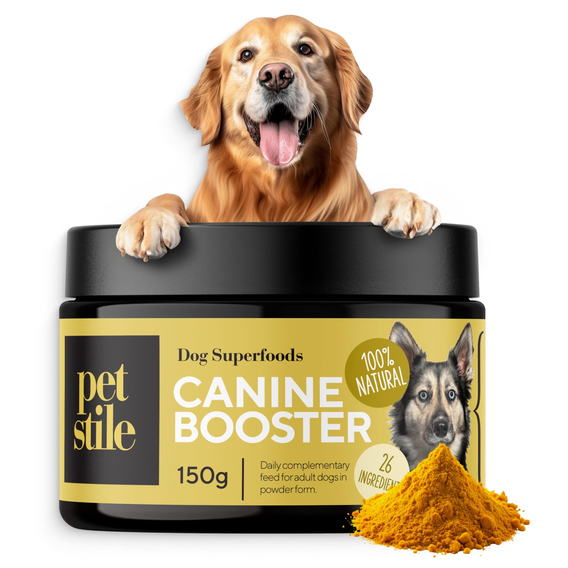 Petstile Canine Booster mit Grünlippmuschel für Hunde, 150 g – Ergänzungsfuttermittel als Pulver in der Dose