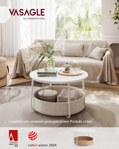 VASAGLE Couchtisch Rund mit Stauraum - Mattweiss-Kamelbraun LCT244W10