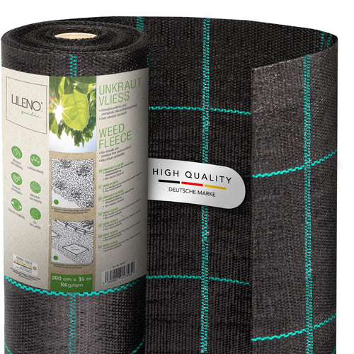LILENO HOME Anti-Unkrautgewebe 100 g/m² wasserdurchlässig 2 x 15 m – grünes Gewebe mit Zuschnitt-Raster