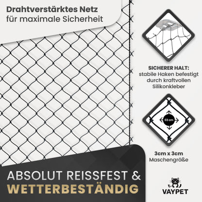 VAYPET Katzennetz für Balkon ohne Bohren, drahtverstärkt, 6x3 m