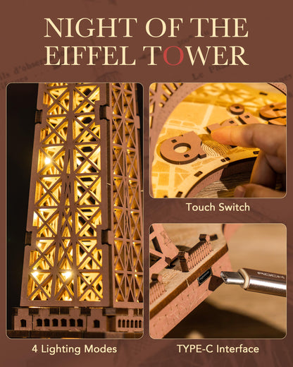 ROBOTIME Eiffelturm 3D Holzpuzzle mit Licht, Modellbausatz 164 Teile
