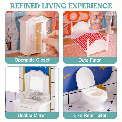 ROBUD Holz-Puppenhaus mit Möbeln & Zubehör – Kinder Spielhaus