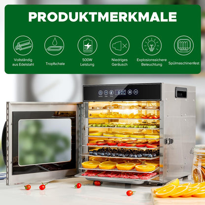 Kwasyo Dörrautomat Edelstahl – 8 Etagen, für Obst & Fleisch