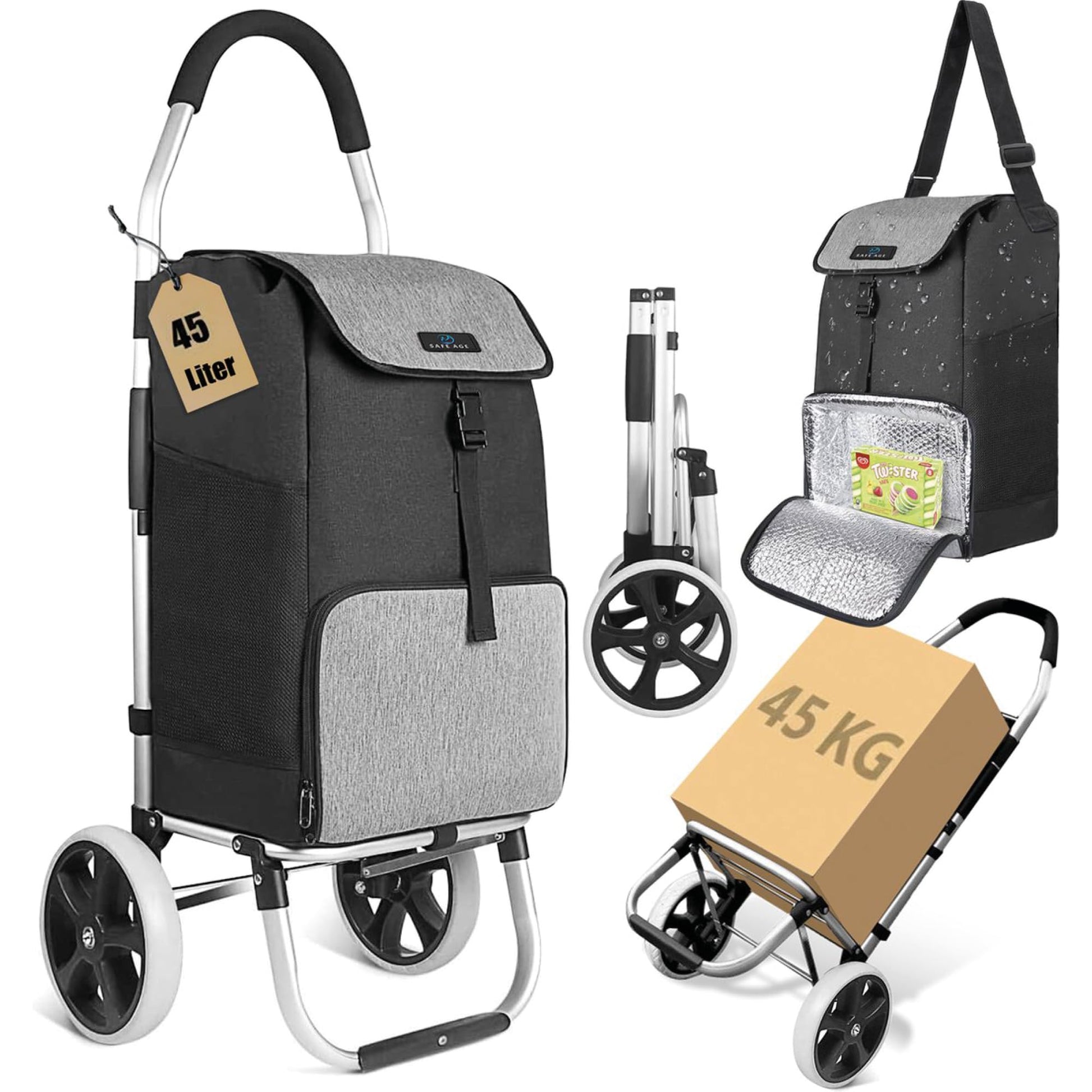 Safe Age Einkaufstrolley mit Kühlfach und Sackkarren-Funktion, klappbar, leise Räder