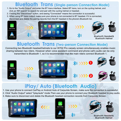 Carpuride W702 Pro Motorrad CarPlay Bildschirm - 7" Intercom Dual BT