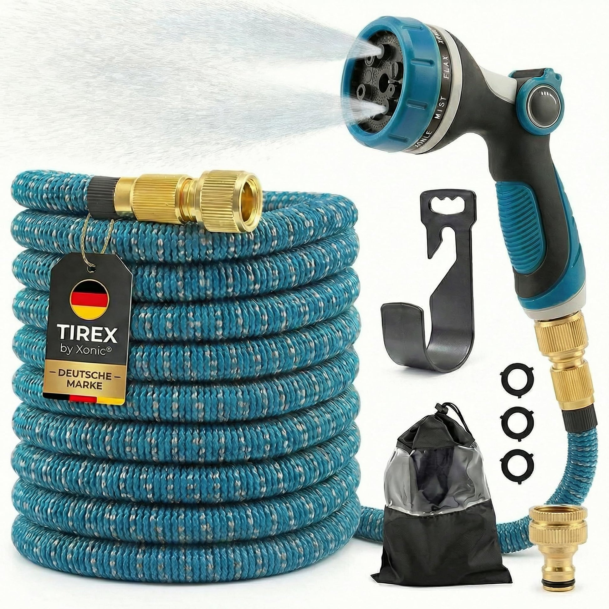 Xonic TIREX Flexibler Gartenschlauch 15 m mit 10 Strahlarten, Blau – dehnbarer Textilschlauch mit Handbrause