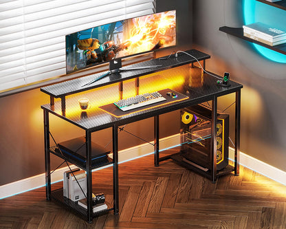 Coleshome Gaming Schreibtisch LED 120x50cm – Schwarz, Steckdosen, Monitorständer