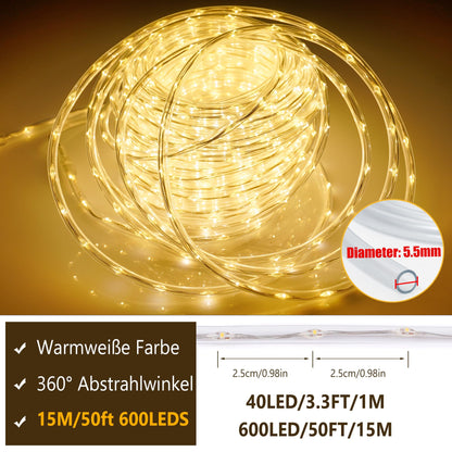 StarryEver Solar LED Lichtschlauch aussen, 15 m, 600 LEDs warmweiss