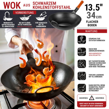YOSUKATA Karbonstahl Wok 34 cm, flacher Boden, voreingebrannt