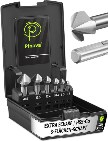 Pinava Kegelsenker Set HSS Cobalt 90° Ø 6.3-20.5 mm, 6-teilig mit 3-Flächen-Schaft und Aufbewahrungsbox