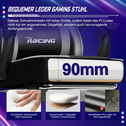 minnouat Gaming Stuhl ergonomisch mit Fussstütze, Kunstleder, Grau