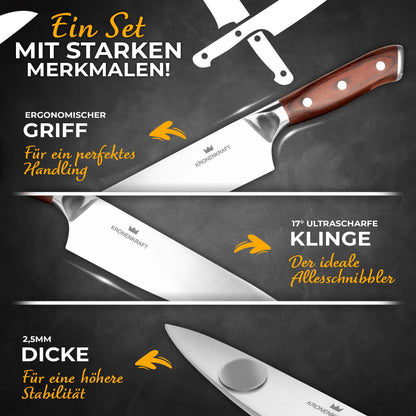 KRONENKRAFT® Messerset 9-tlg. mit Block – Pakkaholzgriffe