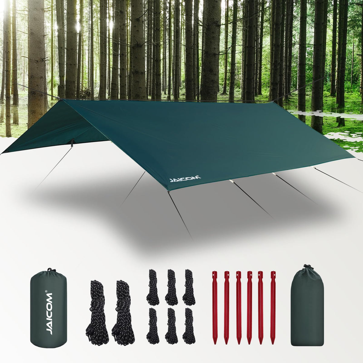 JAICOM Tarp 3x4 m wasserdicht – ultraleichte Camping-Zeltplane, rechteckig, mit Befestigungsösen und Abspannseilen