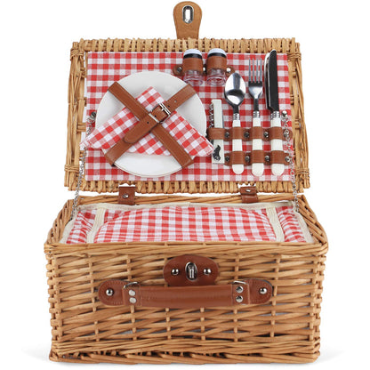ZORMY Weidenkorb für 2 Personen, Weidenkorb Korb-Sets mit isoliertem Fach, handgefertigter Picknickkorb für 2 Personen, klassisches rotes Karo mit Utensilien, Besteck, perfekt für Picknick, Camping