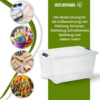 Iris Ohyama Aufbewahrungsbox mit Deckel, 45 L, 4er-Set, transparent