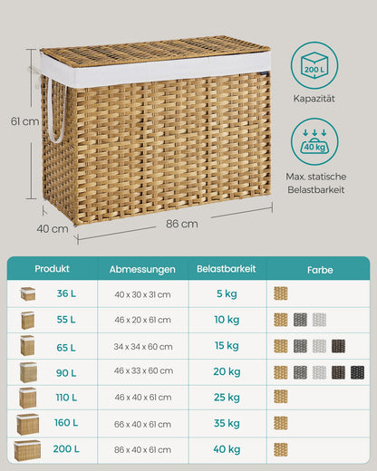 SONGMICS Wäschekorb LCB320Y01 - 3 Fächer, Rattan-Optik, Natur