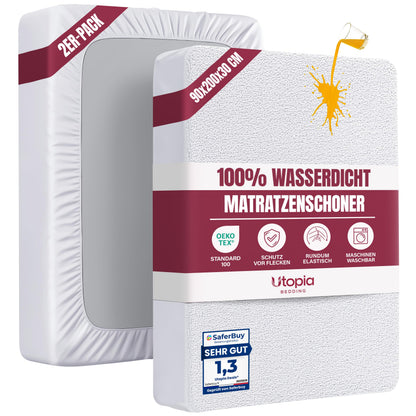 Utopia Bedding Matratzenschoner 90 x 200 cm, wasserdicht, 2er-Pack aus weissem Frottee mit Rundum-Elastikband
