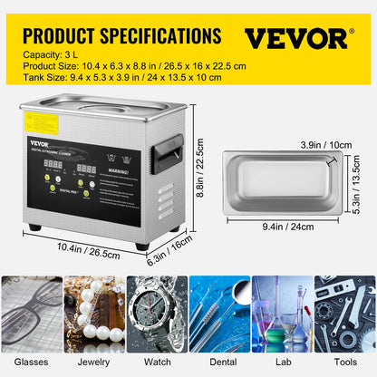 VEVOR Ultraschallreiniger 3 L mit Heizung und Timer, Edelstahl