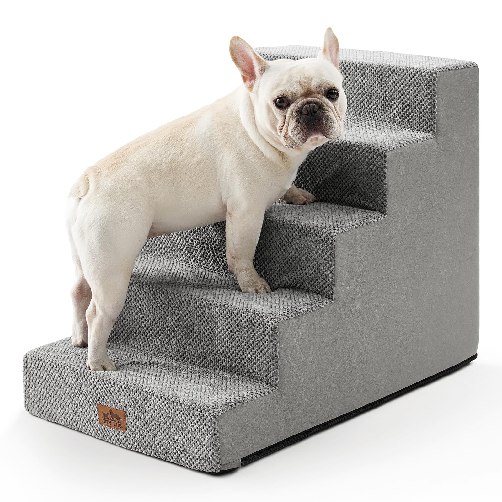 COZY KISS Hundetreppe für kleine Hunde, 5 Stufen, Grau, 60cm hoch. Erleichtert kleinen Hunden den Aufstieg zu Sofa oder Bett.