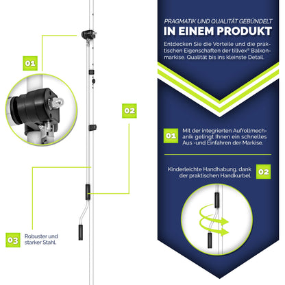 tillvex Klemmmarkise mit Handkurbel, Balkonmarkise Grau 400 cm