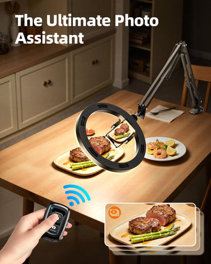 LUXSURE Ringlicht mit Stativ, Overhead Handyhalter für Food-Videos