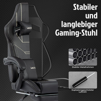 WOTSTA Gaming Stuhl ergonomisch mit Fussstütze, schwarz