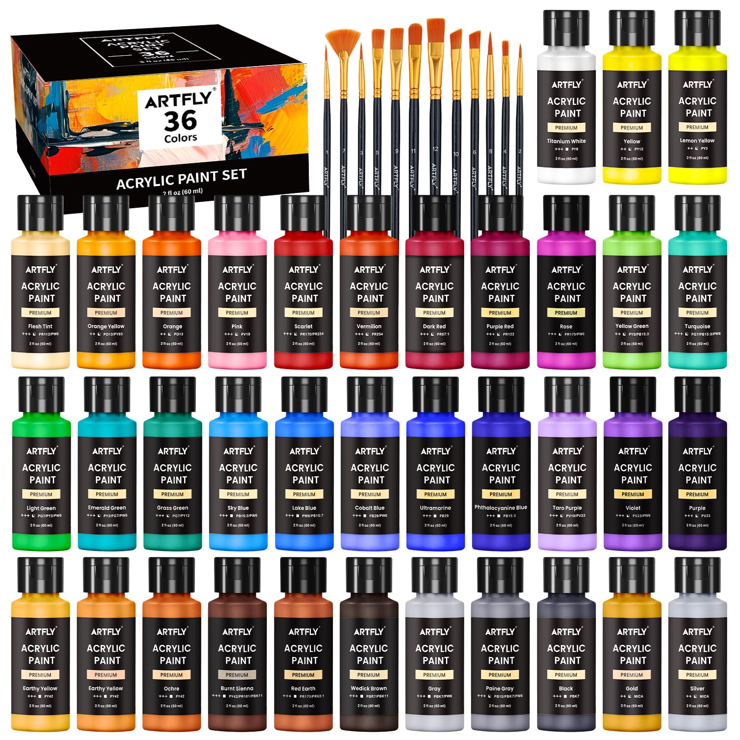 ARTFLY Acrylfarben Set, 36 Farben à 60 ml, mit 12 Pinseln für Acrylmalerei auf Leinwand, Holz und Stein