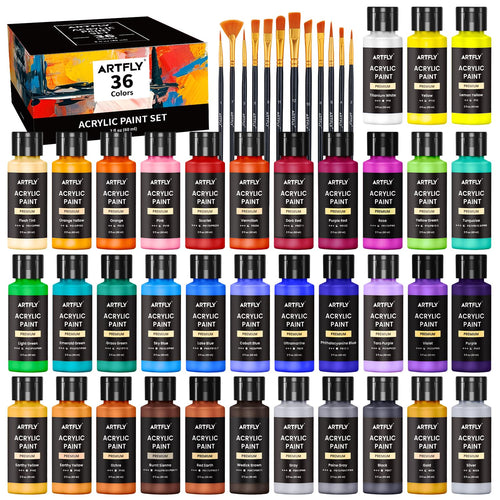 ARTFLY Acrylfarben Set, 36 Farben à 60 ml, mit 12 Pinseln für Acrylmalerei auf Leinwand, Holz und Stein