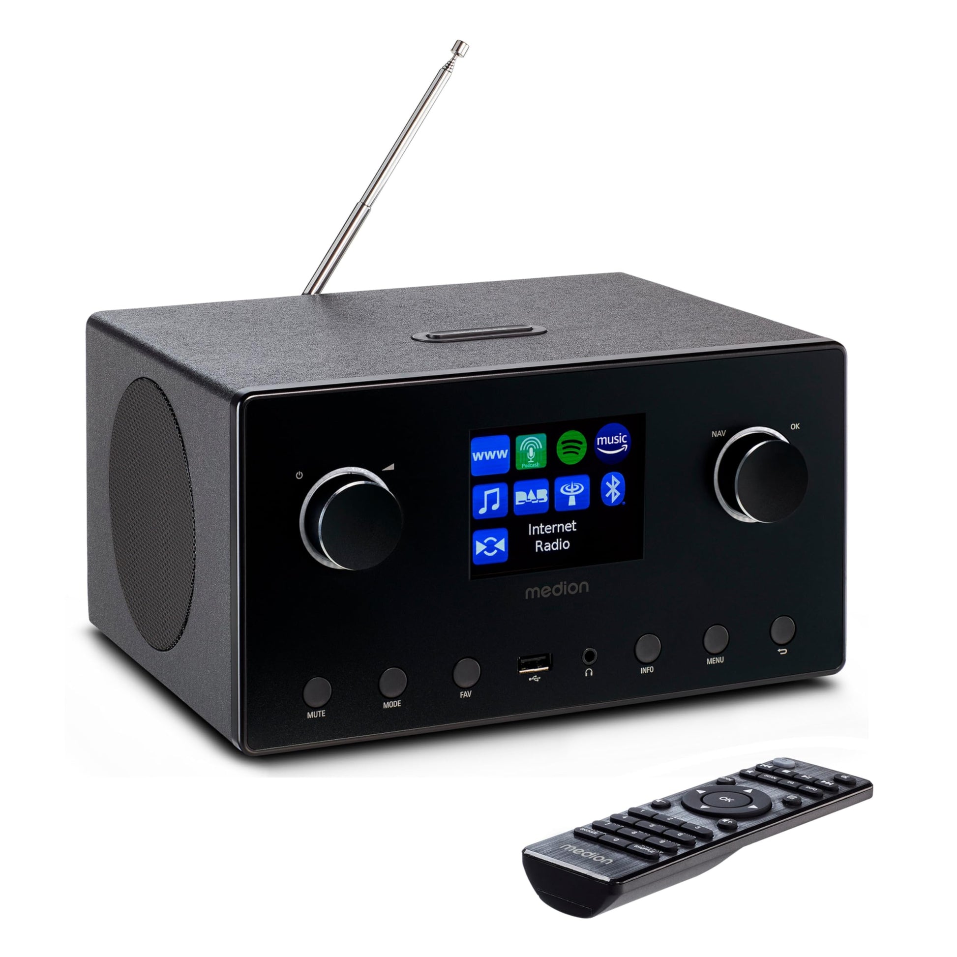 MEDION P85444 2.1 Internetradio Subwoofer DAB+ WLAN schwarz. Rechteckiges, schwarzes Gerät mit Display. Empfängt Internetradio, DAB+ und WLAN-Audio.