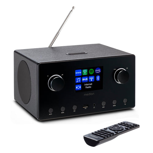 MEDION P85444 2.1 Internetradio Subwoofer DAB+ WLAN schwarz. Rechteckiges, schwarzes Gerät mit Display. Empfängt Internetradio, DAB+ und WLAN-Audio.