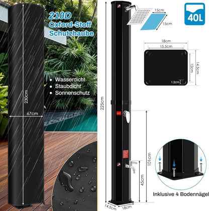 LIFERUN Solardusche Gartendusche 40 Liter mit 360° Duschkopf, Schwarz