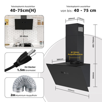 FIREGAS Kopffrei Dunstabzugshaube – 60cm Schwarz Glas Bürstenlos